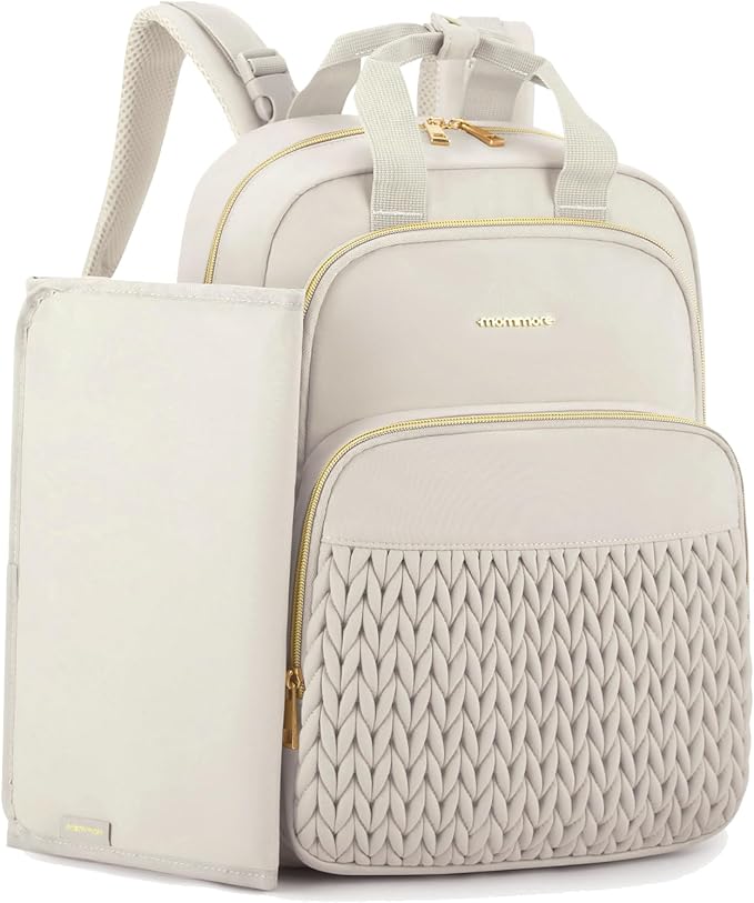 mommore Diaper Bag Backpack Large Baby Bag for Boys Girls Quilted Travel Diaper Backpack with Changing Pad, Stroller Straps