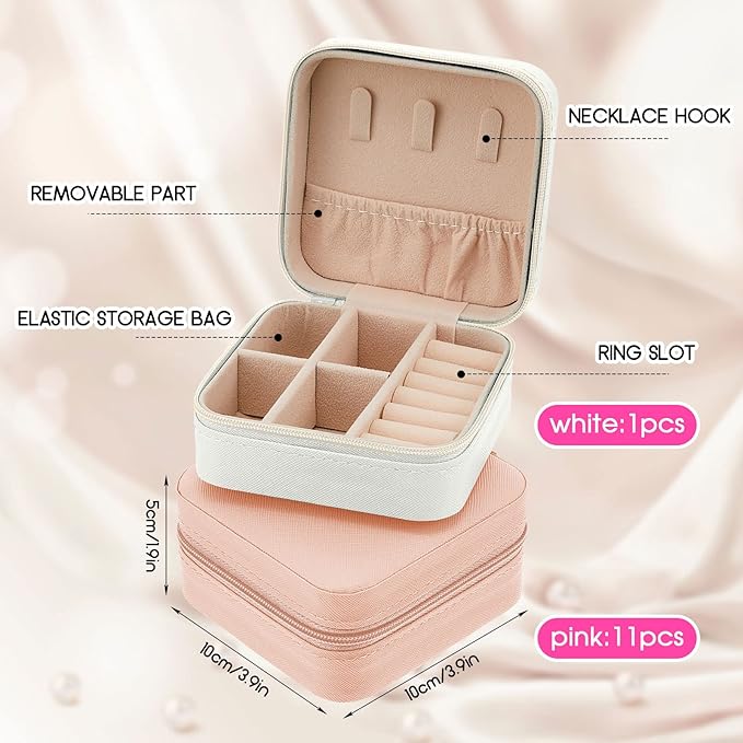 Taiyin 12 Pcs Travel Jewelry Case Box Bridesmaid Gifts Bulk Travel Jewelry Cases Boxes Small Jewels Organizers Mini Accessories Ornaments Storage for Women Girls Wedding Gifts (White,Pink)
