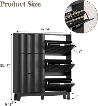 Shoe Cabinet Storage for Entryway with 6 Flip Drawers, Fluted Narrow Shoe Organizer with Wooden Legs, Freestanding Slim Shoe Storage Hidden Shoe Rack Organizer for Front Door Entrance, Black