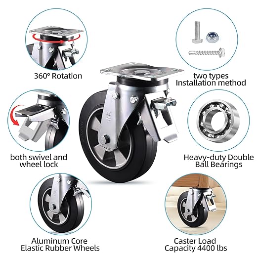Super Heavy Duty Plate Casters Load 4400Lbs 8 inch Casters Set of 4 Swivel & Fixed Industrial Aluminum Core Elastic Rubber Wheels for Cart Furniture and Workbench Locking Outdoor Dolly Rigid Castors