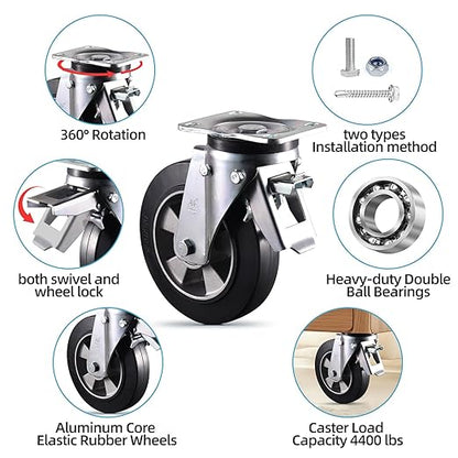8 inch Casters Set of 4 Super Heavy Duty Plate Casters Swivel Industrial Aluminum Core Elastic Rubber Wheels for Cart Furniture and Workbench Locking Outdoor Dolly Castors Replacement Load 4400Lbs