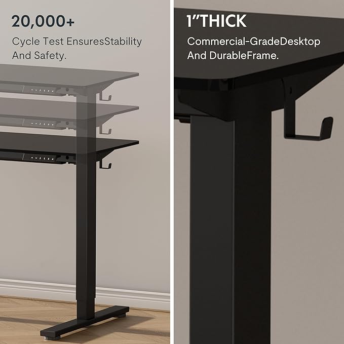 FLEXISPOT EN1 One-Piece Standing Desk with 1-Inch Thick Desktop, 48"x30" Electric Height Adjustable Desk for Home Office & Multi-Device Workstations, Black
