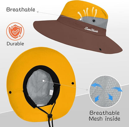 ZOORON Women's Ponytail Safari Sun Hat,Wide Brim UV Protection Outdoor Bucket Hat,Foldable Beach Summer Fishing Hat