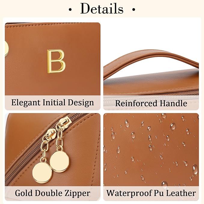 Birthday Gifts for Women Teen Girl, Personalized Initial Makeup Organizer Bag Set, Open Flat Travel Cosmetic Bag With Clear Divider and Handle(Brown,B)