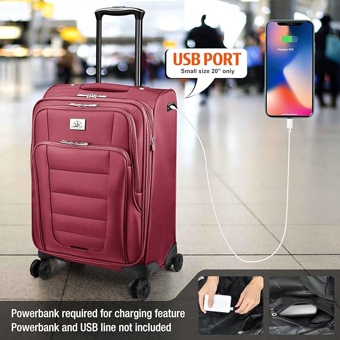 Verdi Softside Expandable Carry-On Luggage with Spinner Wheel USB Port Lightweight (Burgundy, 20-Inch Carry-On)