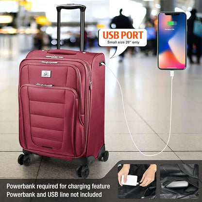 Verdi Luggage Sets of 2 Suitcase with Spinner Wheels Softside Expandable, Carry On Luggage with USB Port (Burgundy, 2-Piece set(20/28))