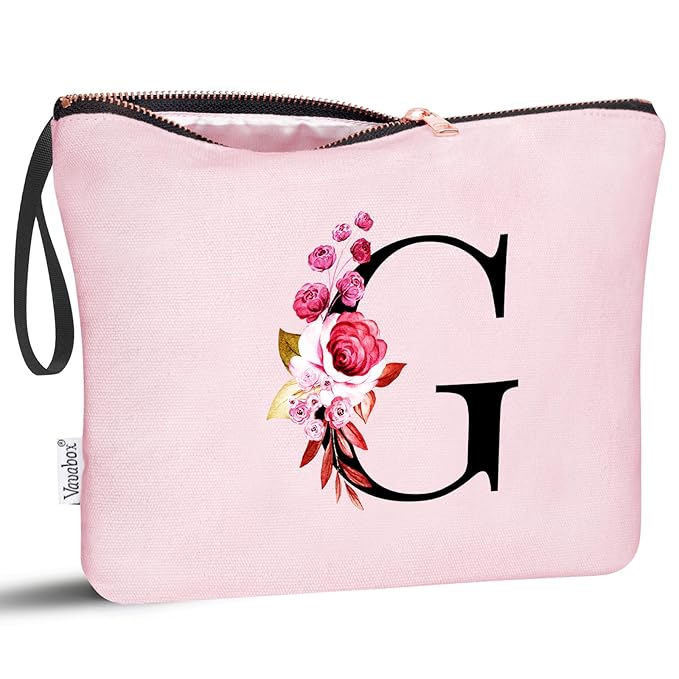 Vavabox A-Z Personalized Makeup Bag, Birthday Gifts for Women Mom, Gifts for Best Friend, Bride Bridesmaid Cosmetic bag (G, Pink)