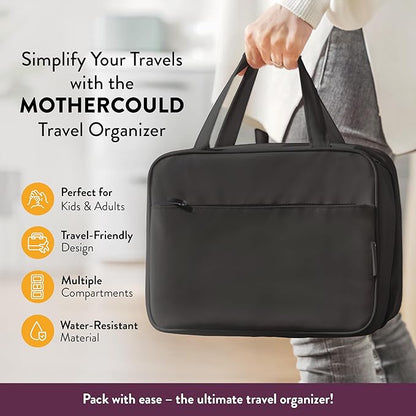 Kids Travel Organizer - Multi-Compartment, Water-Resistant Hanging Bag for Toys, Snacks, & Activities - Compact, Lightweight Design with Hook & Carry Handle - Perfect for Travel Use (Black, Large)