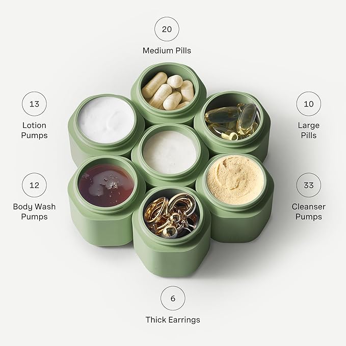 Cadence Travel Containers - Body Care Capsule Set - Magnetic Containers with Lids,Carry On Travel Essentials for Women/Men - 3 Flex Mediums (1.32oz) - Body Wash, Lotion & Sun Icon Labels - Evergreen