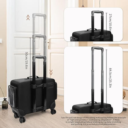 Rolling Makeup Train Case with Large Makeup Case，Professional Makeup Artist Traveling Bag with 7 Small Clear Bags, Cosmetology Case on Wheels, Adjustable Dividers for Cosmetics Makeup Brushes Toiletry