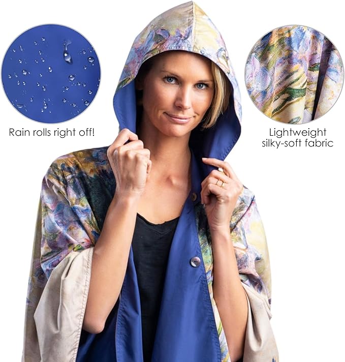 RainCaper Tiffany Peonies and Iris Womens Rain Cape Poncho with Hood Reversible
