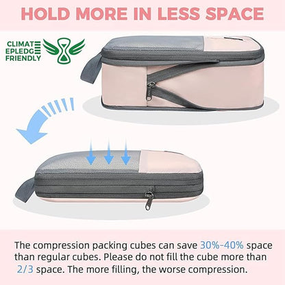 BAGAIL 6 Set Lightweight Compression Packing Cubes with Packing List, Anti-Tearing Expandable Organizer Bags for Travel, Pink
