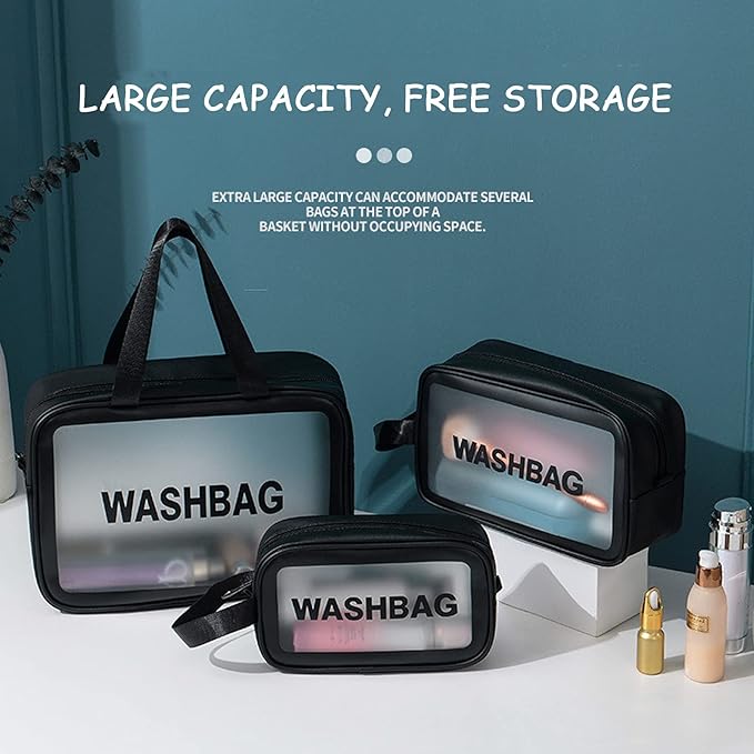 Clear Travel Bags for Toiletries, 3Pcs Portable PVC Waterproof Cosmetic Bags, Transparent Travel Storage Carry Pouch, Toiletry Bags and Cosmetics Organizer for Women Men (Black)