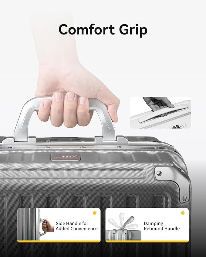 Checked Luggage with Spinner Wheels, 8010S Aluminum Frame Zipperless Polycarbonate Hard Shell Suitcase (ZX-Core, Silver, 24 Inch)