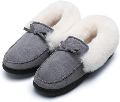 Mishansha Women's House Shoes Memory Foam Suede Moccasin Slippers Winter Warm Fleece Lined Home Shoes with Anti-Skid Rubber Sole
