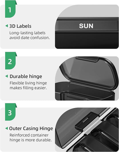 PULIV Weekly Pill Organizer with Large Capacity, Dual Protection Pill Box 7 Day, Arthritis Friendly Pill Case Easy to Open, Medicine Organizer for Vitamins, Medications, Fish Oils, Supplements (Black)