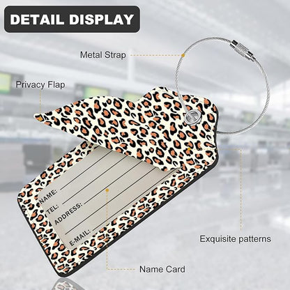 2Pack Luggage Tags for Suitcases, Cute Unique Pu Leather Cruise Luggage Tag with Privacy Cover ID Label Address Card and Metal Ring Suitable for Women Men Kids Travel Bag Leopard Print