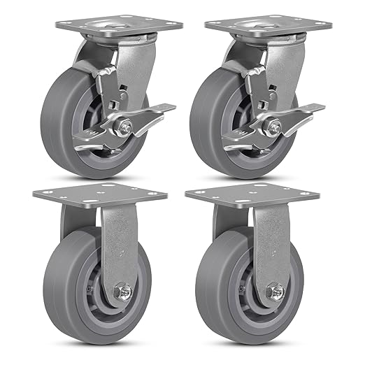 5"x2" Rubber Wheels (Flat Tread)- Heavy Duty Casters, Industrial Caster Wheels- Set of 4 with up to 3200 LB Capacity- Use for Dollies, Workbench(2 Brake &2 Rigid)