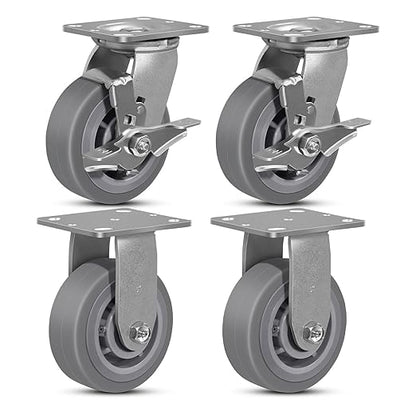 5"x2" Rubber Wheels (Flat Tread)- Heavy Duty Casters, Industrial Caster Wheels- Set of 4 with up to 3200 LB Capacity- Use for Dollies, Workbench(2 Brake &2 Rigid)