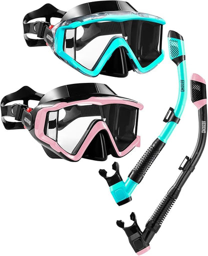 Aegend Snorkeling Gear for Adults Youth Kids, Dry Snorkel Set Panoramic View Enhanced Anti-Leak and Anti-Fog Technology, Adjustable Strap for Snorkeling Scuba Diving Swimming with Mesh Bag