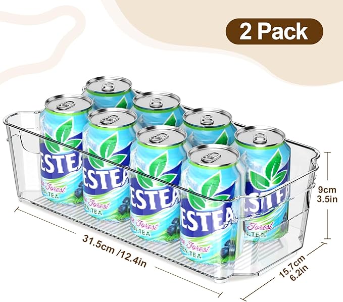 Clear Fridge Organizer, Refrigerator Organizer Bins with Handle, Freezer, Kitchen Cabinet, Pantry Organization, BPA Free Fridge Organizers (12.4 inch 2 Pack)