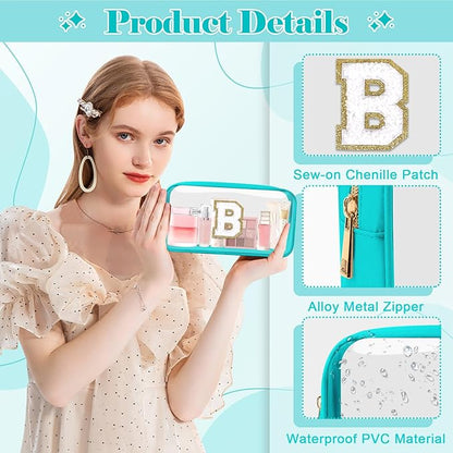 Personalized Initial Letter Clear Makeup Bag,Preppy Small Nylon&PVC Cosmetic Zipper Bag with Chenille Letter,Portable Beach Travel Skincare Toiletry Bag,Trendy Monogram Gift for Teen Girls Women,B