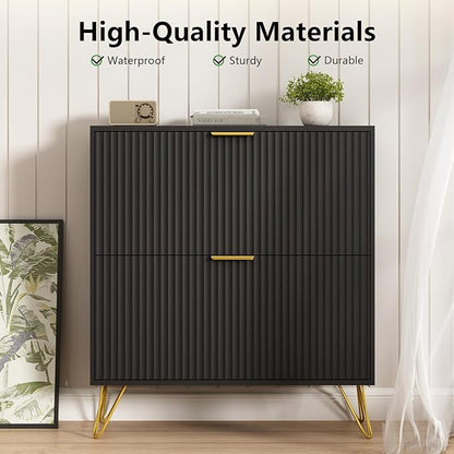 Shoe Storage Cabinet with 2 Flip Drawers, 31.5" W Fluted Shoe Cabinet for Entryway, Hidden Shoe Cabinet Storage, Narrow Free Standing Shoe Orgnaizer Rack Cabinet for Foyer Hallway, Black