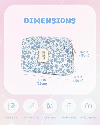 Narwey Birthday Gifts for Teen Girls Kids Women Personalized Initial Floral Makeup Bag Cute Cosmetic Trendy Stuff 6 8 10 11 12 13 14 16 18 Years Old Travel Toiletry Bag (Little Blue Flower D)