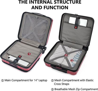 TydeCkare 16" Carry on Luggage with 2 Laptop Compartments, Lightweight Hardshell ABS+PC Suitcase with Dual Control TSA Lock, with YKK Zipper, 4 Spinner Silent Wheels, for Business Travel, Wine Red