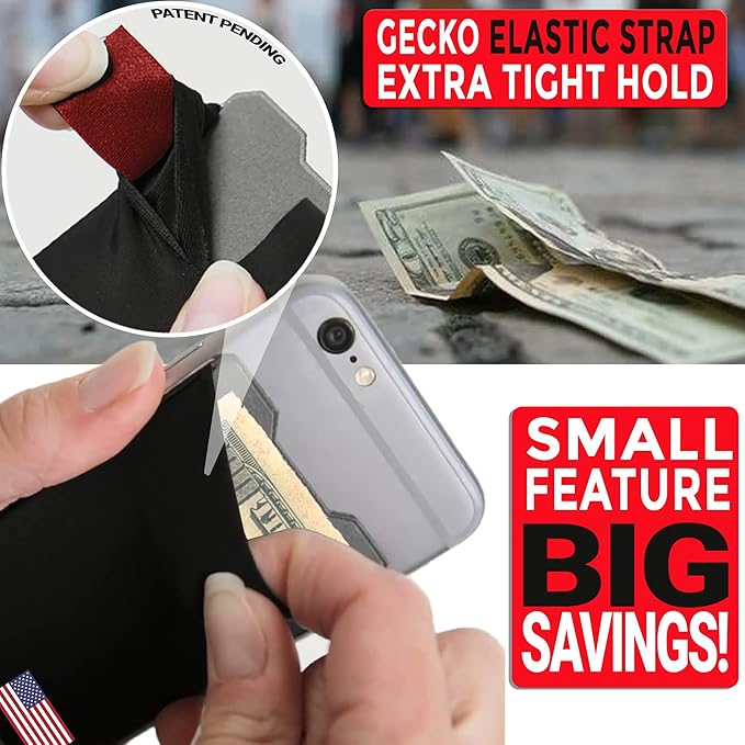 Double Pocket Adhesive Card Holder - Cell Phone Pouch - Stick on Spandex Pocket by Gecko - Carry Credit Cards and Cash - Phone Wallet – (USA FLAG)