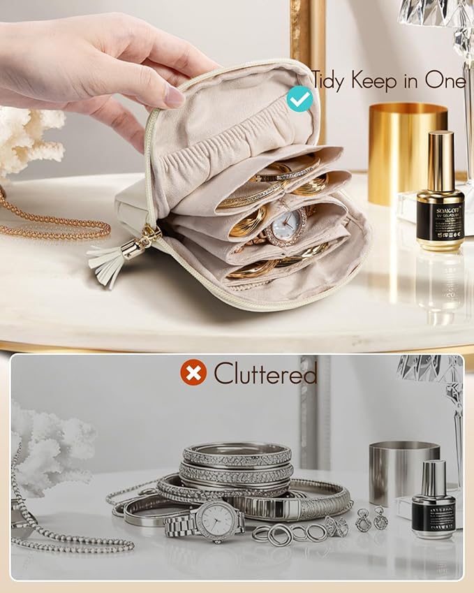 Vlando Mini Jewelry Travel Case,Jewelry Pouch Bags with Zipper, Velvet Jewelry Organizer Storage Bag for Bracelet Rings Earring Travel Essentials Gifts for Women Girl - White