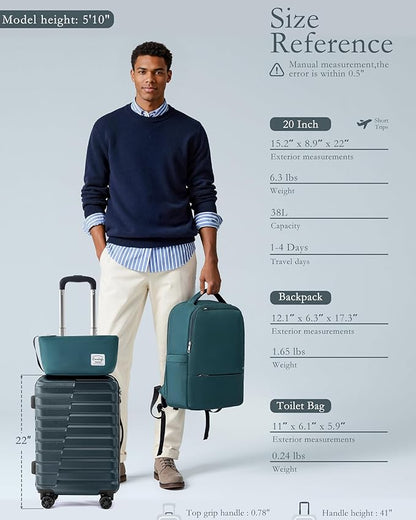 Coolife Luggage Sets 3 Piece, 20In Carry On Luggage with Spinner Wheels PC Hardside Suitcase Set with Travel Backpack (Teal blue, Backpack/TB/20)
