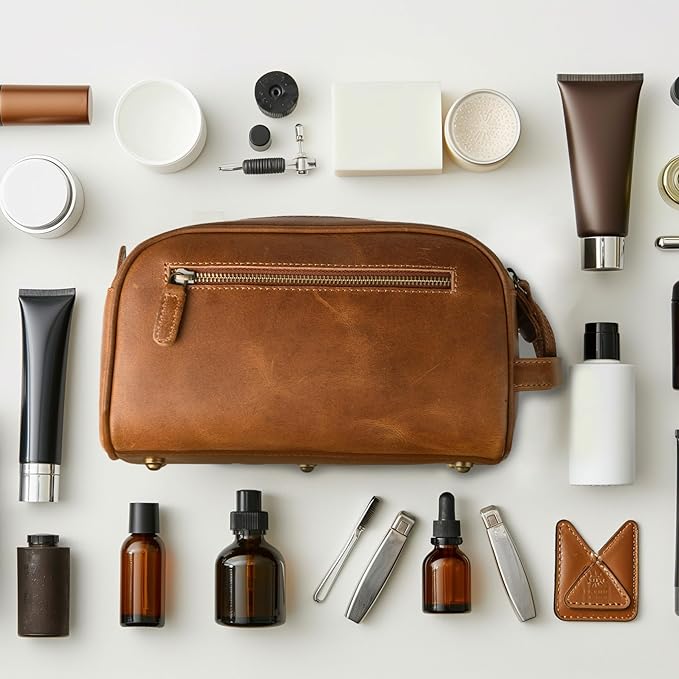 LEATHER VILLAGE Premium Leather Toiletry Travel Pouch With Waterproof Lining - Sun Tan | King-Size Handcrafted Vintage Dopp Kit Bag, Shaving & Bathroom Organizer, Gift for Men & Women