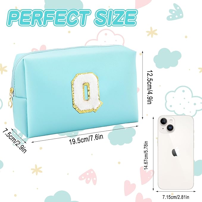 Gifts for Girls Initial Makeup Bag Personalized Cosmetic Bag with Zipper Cute Travel Toiletry Bag Waterproof PU Preppy Makeup Pouch Birthday Gift for Teen Girls Women(Blue Q)
