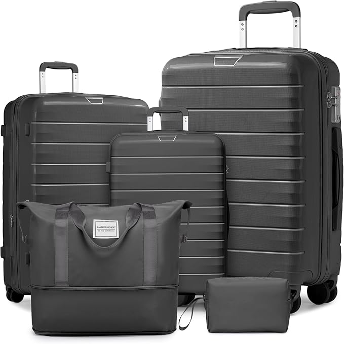 LARVENDER Luggage Sets 5 Piece with Duffel Bag Expandable(Only 28 inch) Hardside PP Carry On Luggage with 360° Spinner Wheels TSA Lock Luggage Sets for Men, Grey