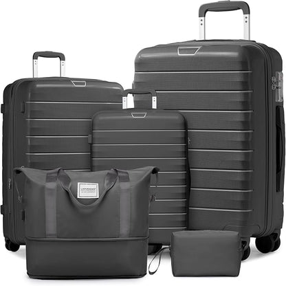 LARVENDER Luggage Sets 5 Piece with Duffel Bag Expandable(Only 28 inch) Hardside PP Carry On Luggage with 360° Spinner Wheels TSA Lock Luggage Sets for Men, Grey