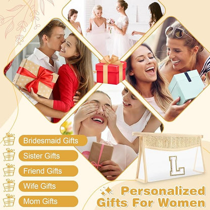 Personalized Initial Letter Bag Boho Straw Clear Makeup Bag,Small Cute Chenille Varsity Letter Bag With Zipper,Beach Travel Toiletry Bag,Portable Monogrammed Cosmetic Bag for Women Girls,L