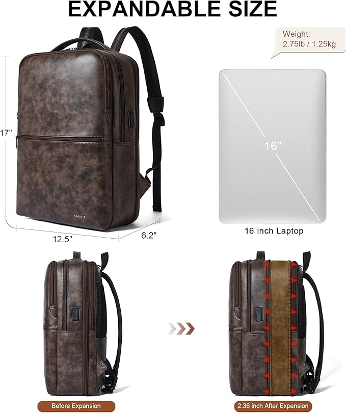 Shrrie Vegan Leather Laptop Backpack for Women&Men,16 Inch Expandable Backpack with USB Charging Port,Two-toned Coffee