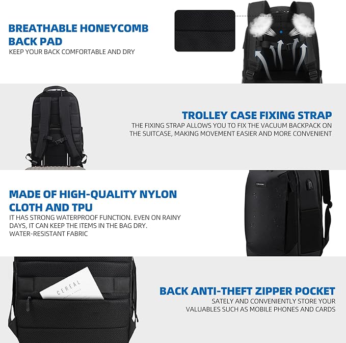 Vacuum Backpack Travel Seal Compression: Vacpack with Electric Air Pump Carry on Expandable Back Pack System for Laptop Hiking Business Water Resistant Lightweight Black