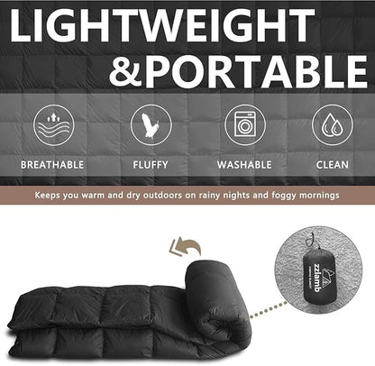 zzlamb Puffy Down Camping Blanket Water-Repellent, Down Throw Travel Blanket Portable for Outdoor, Light Warm Quilt for Couch Plane Car Theater Stadium Picnic RV Backpacking Hammock