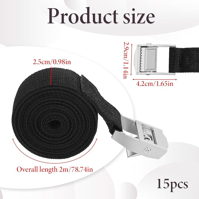 15 Pack Lashing Straps 1" x 6.5 Ft Tie Down Straps with Adjustable Cam Buckle Packing Strap Heavy-Duty for Cargo, Luggage, Motorcycles, Truck, Car Roof Rack, Black