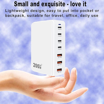 USB C Charger 200W USB C Charger Block, Upgraded GaN 7-Port Fast Charging Station Hub, Laptop Charger Adapter, Compatible with MacBookAir/Pro, DELL, iPhone16/15, iPad, Steam (White)