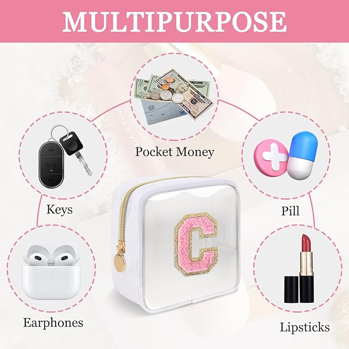 Mini Clear Personalized Initial Makeup Bag,Nylon Preppy A-Z Chenille Letter Patch Zipper Cosmetic Bag, Small Cute Beach Pouch Travel Purse Sanitary Napkin Storage Bag for Women Girls(White-Pink C)