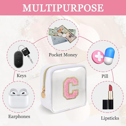 Mini Clear Personalized Initial Makeup Bag,Nylon Preppy A-Z Chenille Letter Patch Zipper Cosmetic Bag, Small Cute Beach Pouch Travel Purse Sanitary Napkin Storage Bag for Women Girls(White-Pink C)