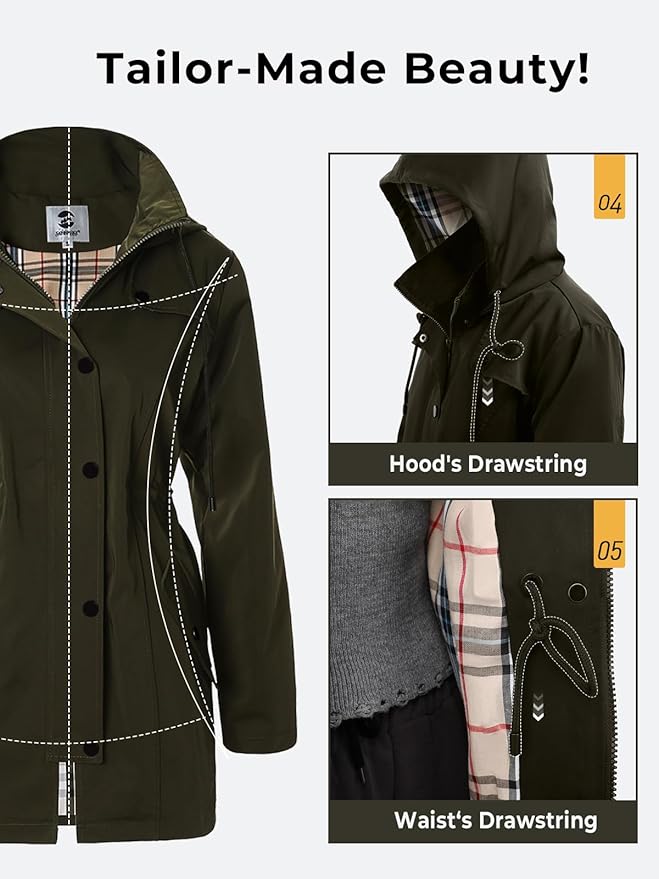 SaphiRose Women's Long Hooded Rain Jacket Outdoor Raincoat Windbreaker