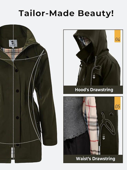 SaphiRose Women's Long Hooded Rain Jacket Outdoor Raincoat Windbreaker