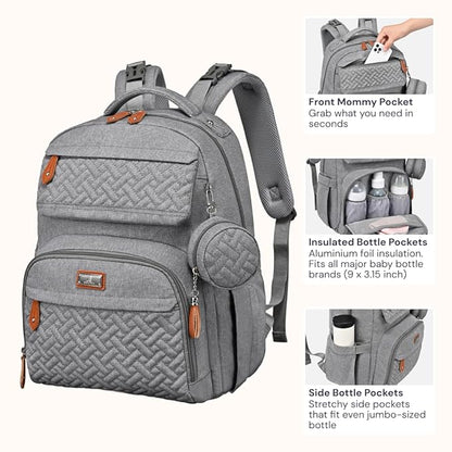 BabbleRoo Diaper Bag Backpack - Travel Large Baby Diaper Bag with Changing pad, Waterproof Baby Bags for Mom & Dad, Unisex Bags with Pacifier Case, Luggage Strap & Stroller Clips– Light Gray