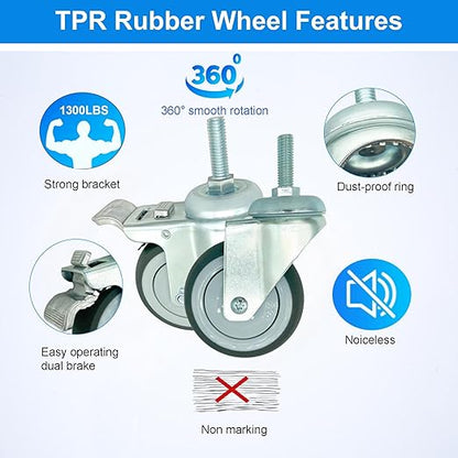 4 inch Swivel Caster Wheels Heavy Duty with Aluminum Brake, 1/2" x13-1-1/2 Threaded Stem Casters Set of 4, TPR Rubber Wheels for Hospital, Lab, Furnitures,Restaurant
