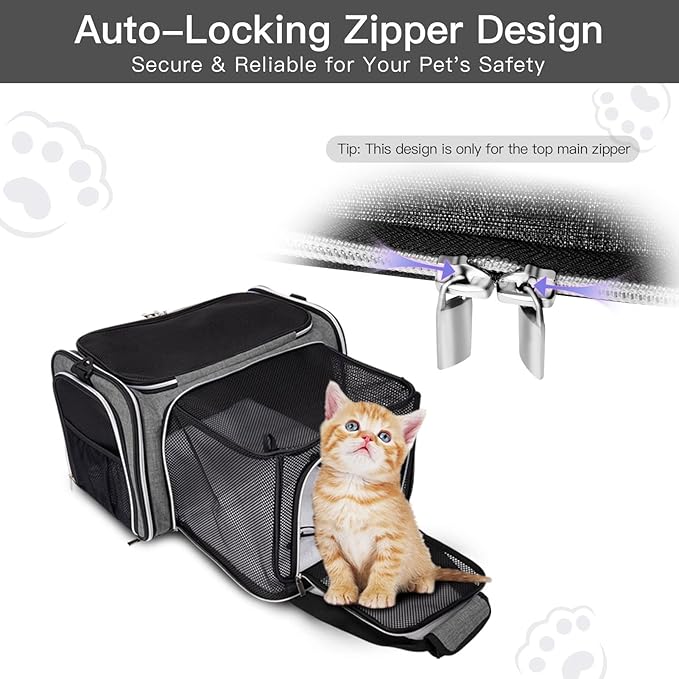 BAGLHER Expandable Cat Carrier with Travel Litter Box, Pet Travel 5 Sides Open Doors 3 Sides, Leak-Proof and Collapsible, for Car, Airplane Trip, Grey