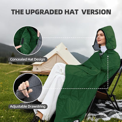 Outdoor Waterproof Blanket, Foldable Fleece Stadium Blanket for Outdoor Sports Event, Camping, Car, Pet, Picnics - Windproof, Wearable, Machine Washable 80" x 58" (Green,Hooded)